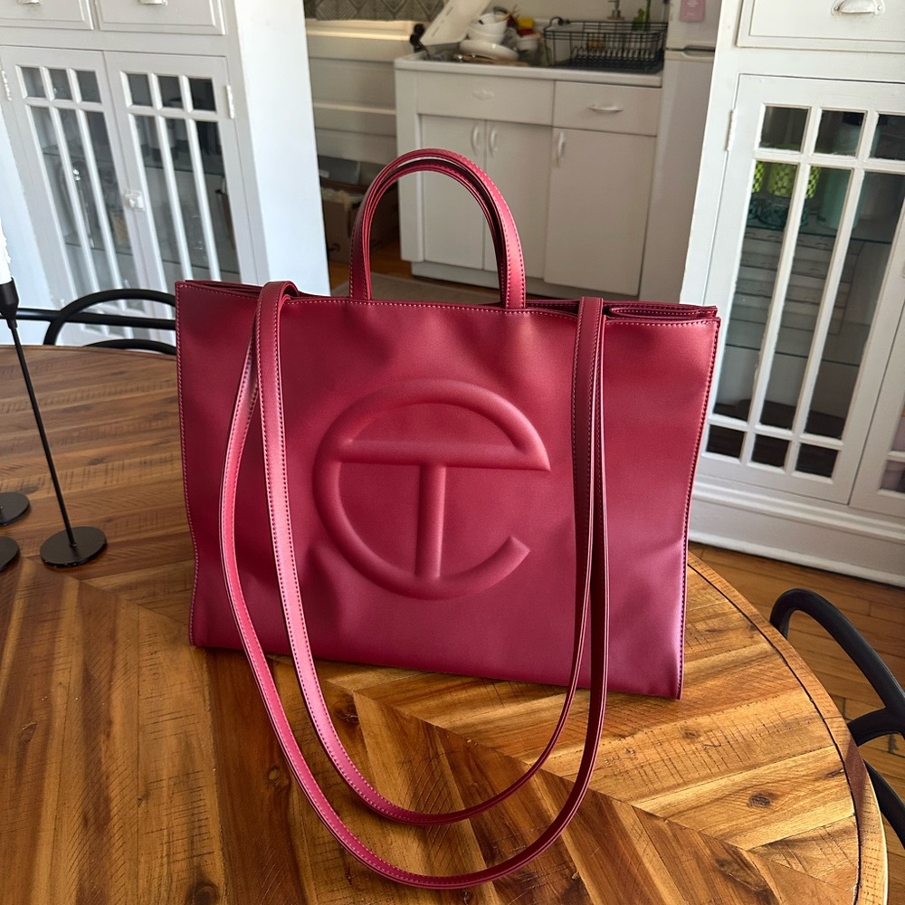Telfar Large Oxblood Tote Bag with Embossed Logo and Vegan Leather